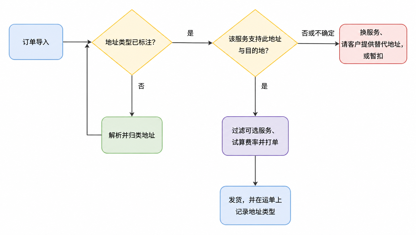 流程图:订单导入后先判断地址类型是否已标注,未标注则解析并归类;已标注后判断该服务是否支持此地址与目的地,支持则过滤可选服务、试算费率并打单,不支持或不确定则换服务、请客户提供替代地址或暂扣;最后发货并在运单上记录地址类型