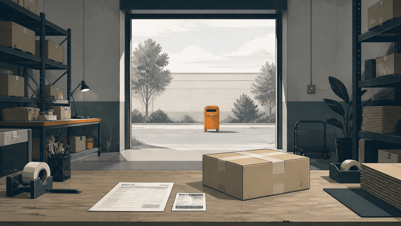 Editorial illustration of a warehouse pack station seen straight on, a taped parcel resting next to a printed order sheet and a label, a single postal collection box visible through the open loading door in the middle distance, muted daylight, hand-inked linework with one restrained orange accent.