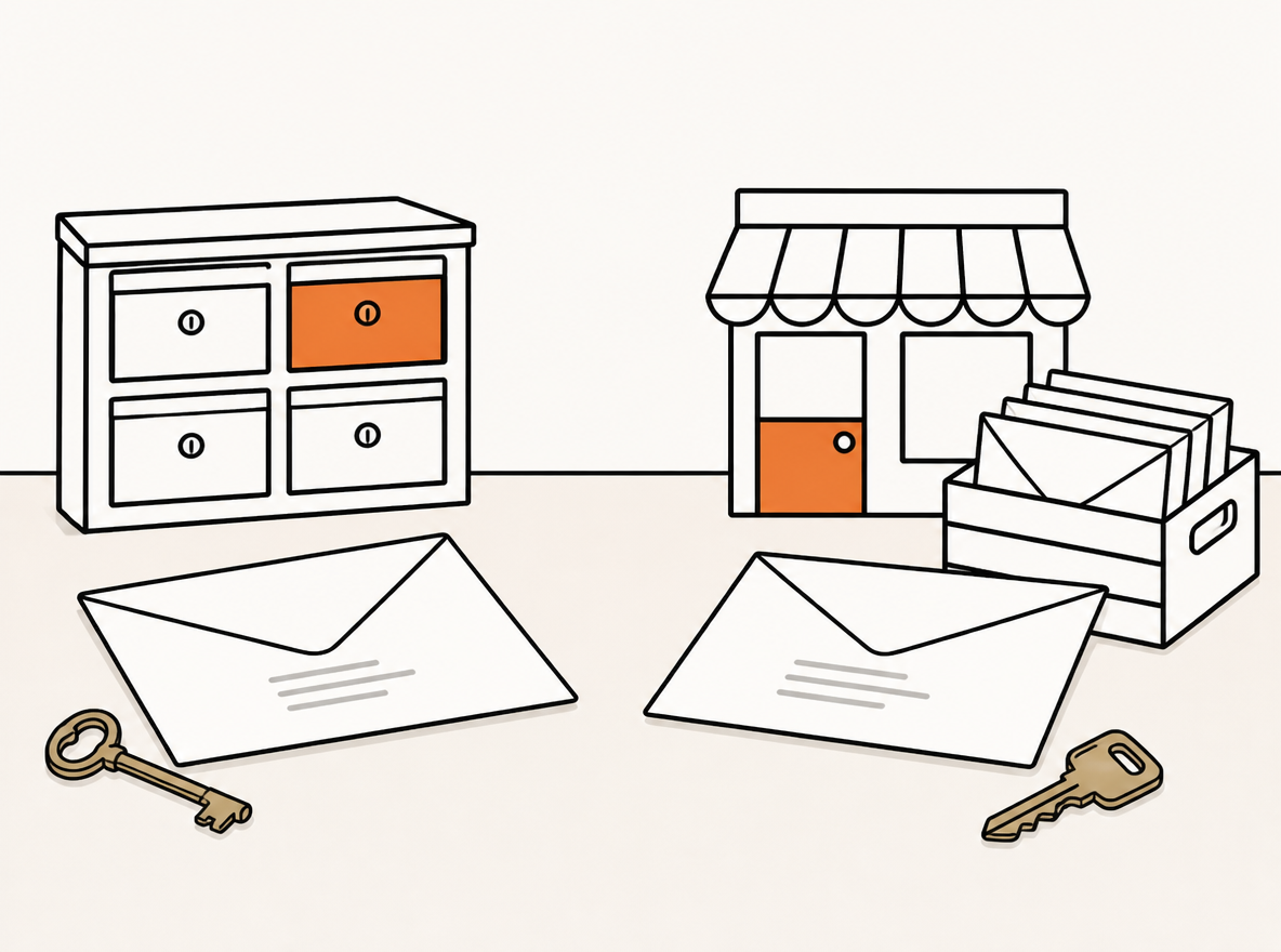 Paired editorial illustration of two envelopes on a pale desk, the left one beside a small brass post office box key and a numbered drawer, the right one beside a shopfront key with a mail crate, both envelopes shown with soft indistinct address strokes and no legible lettering, clean ink lines with a single orange accent.