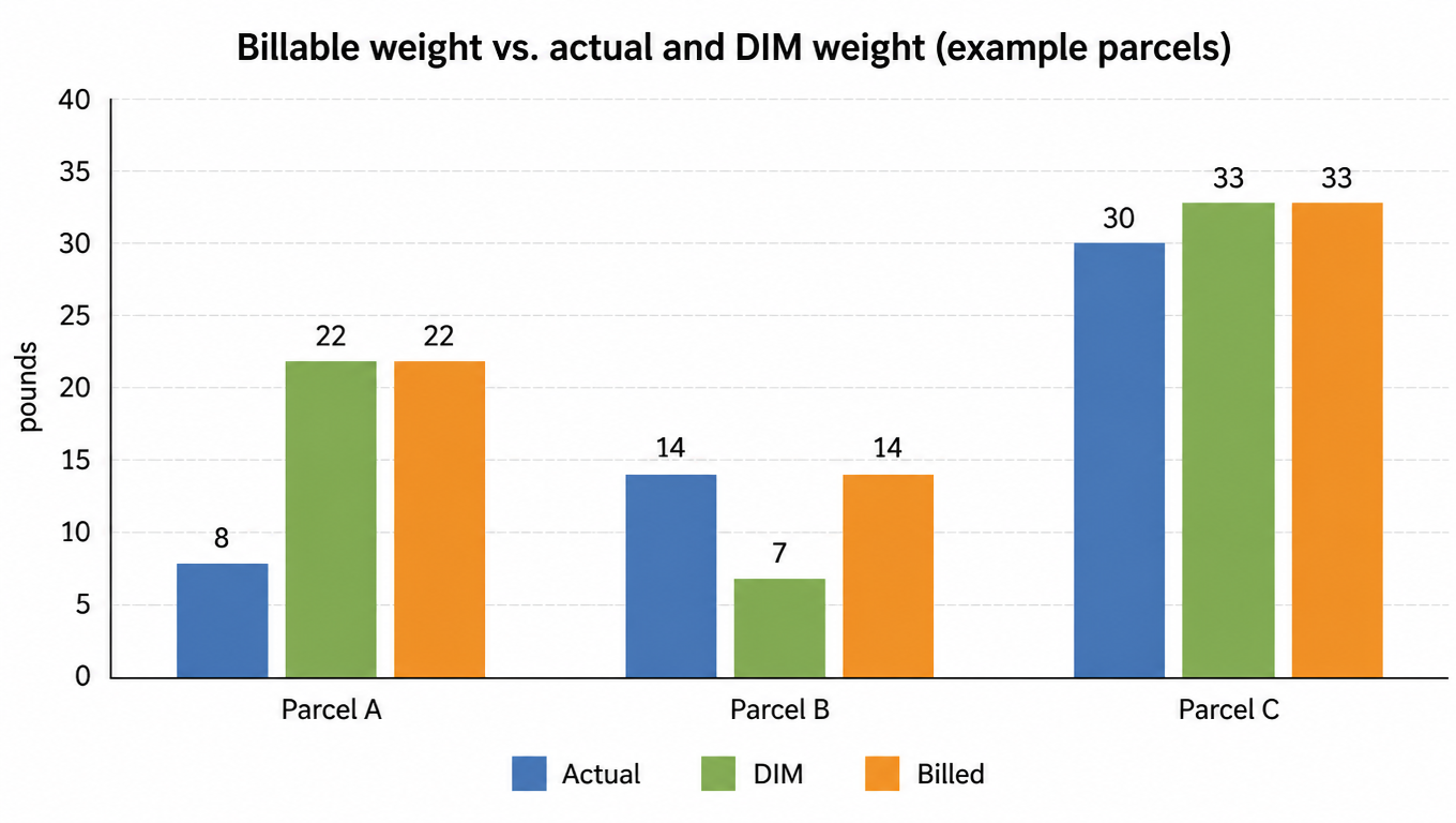 Bar chart: actual, DIM, and billed weight for parcels A, B, and C; billed weight is the greater of the two