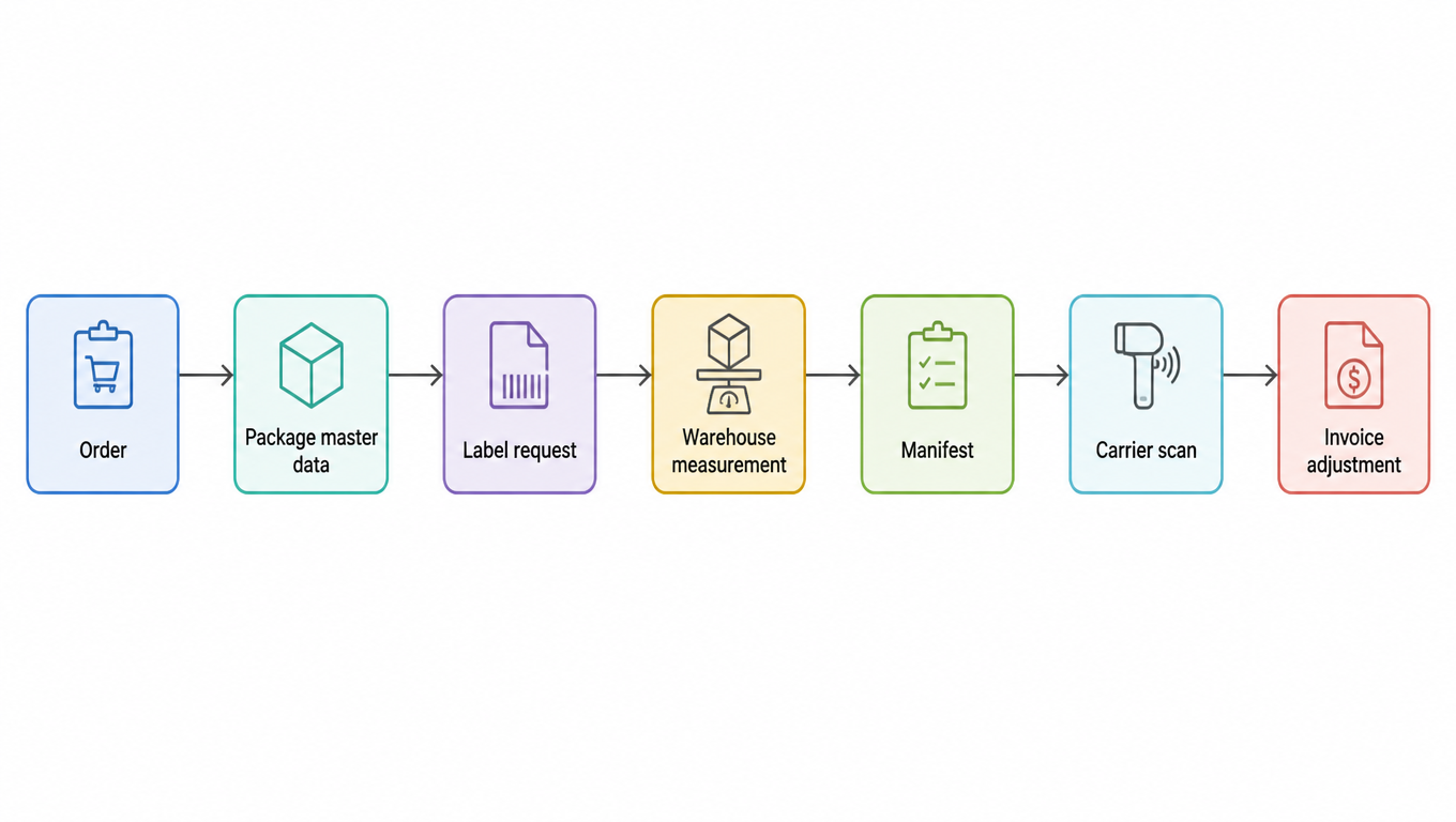 Flowchart: the seven-link evidence chain from order, package master data, label request, warehouse measurement, manifest, carrier scan, to invoice adjustment