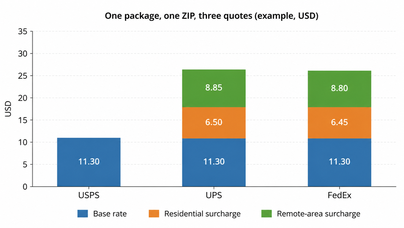 Stacked bar chart: one package, one ZIP, three quotes broken down. USPS has no surcharge; UPS and FedEx each add residential and remote-area surcharges (example, USD)