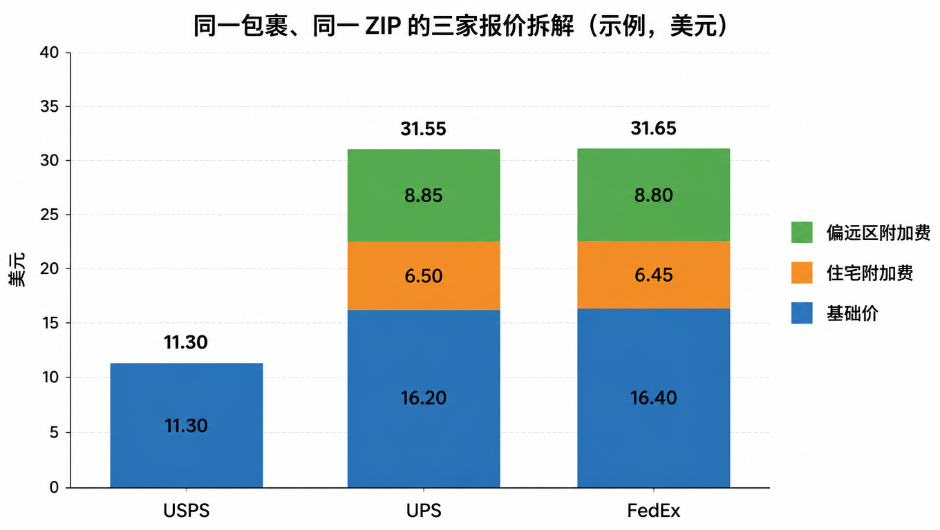 堆叠柱状图:同一包裹、同一 ZIP 的三家报价拆解,USPS 无附加费,UPS 和 FedEx 各加住宅与偏远区附加费(示例,美元)