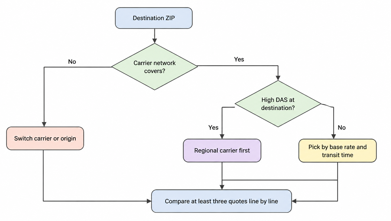 Flowchart: identify the destination ZIP, ask whether the carrier network covers it, if not switch carrier or origin, if yes check whether the DAS is high, if high prefer a regional carrier, if low pick by base rate and transit time, then compare at least three quotes line by line