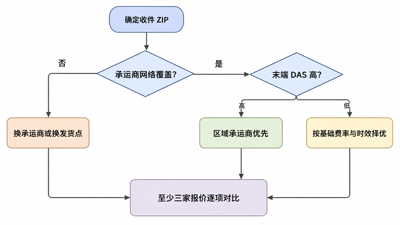 流程图:确定收件 ZIP,先问承运商网络是否覆盖,未覆盖则换承运商或换发货点,覆盖则看末端 DAS 是否高,高则区域承运商优先,低则按基础费率与时效择优,最后至少三家报价逐项对比