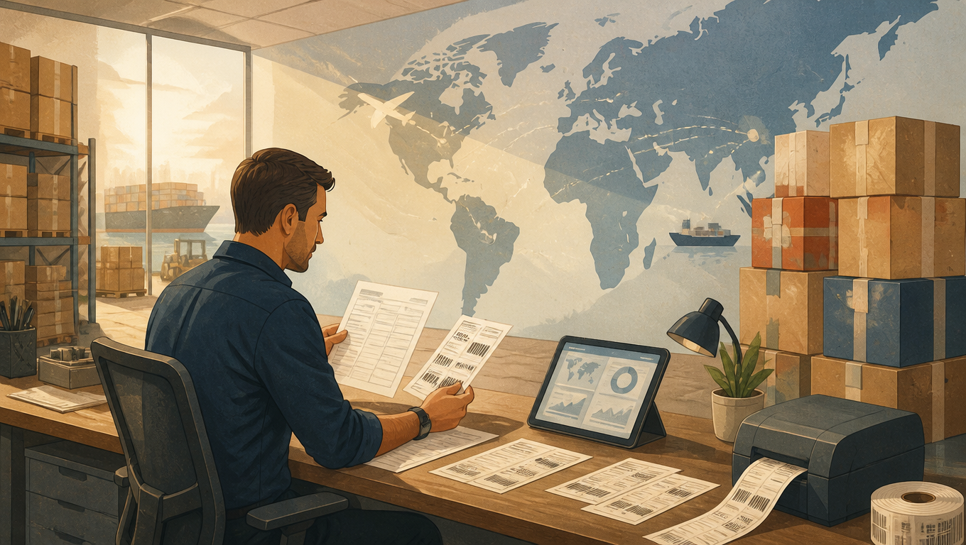 A shipping manager at a warehouse desk reviews customs documents and printed labels beside stacked international parcels, a tablet showing a shipping dashboard nearby