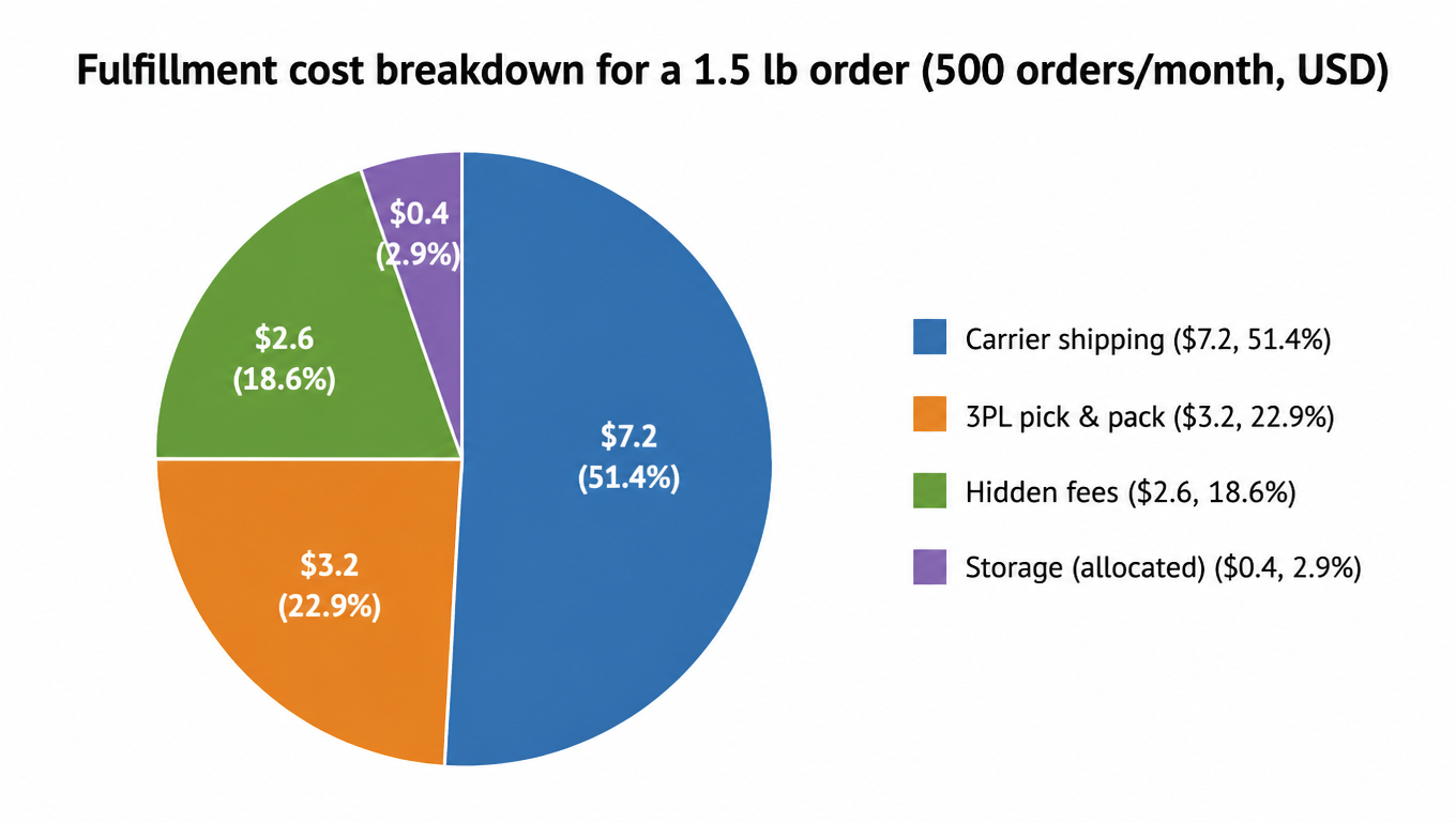 Pie chart of fulfillment cost for a 1.5 lb order: carrier shipping $7.20, 3PL pick and pack $3.20, hidden fees $2.60, storage allocated $0.40