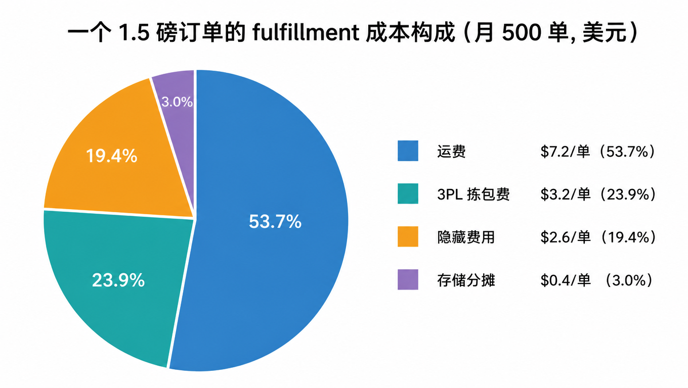 一个 1.5 磅订单的 fulfillment 成本构成饼图:运费 7.2 美元、3PL 拣包费 3.2 美元、隐藏费用 2.6 美元、存储分摊 0.4 美元