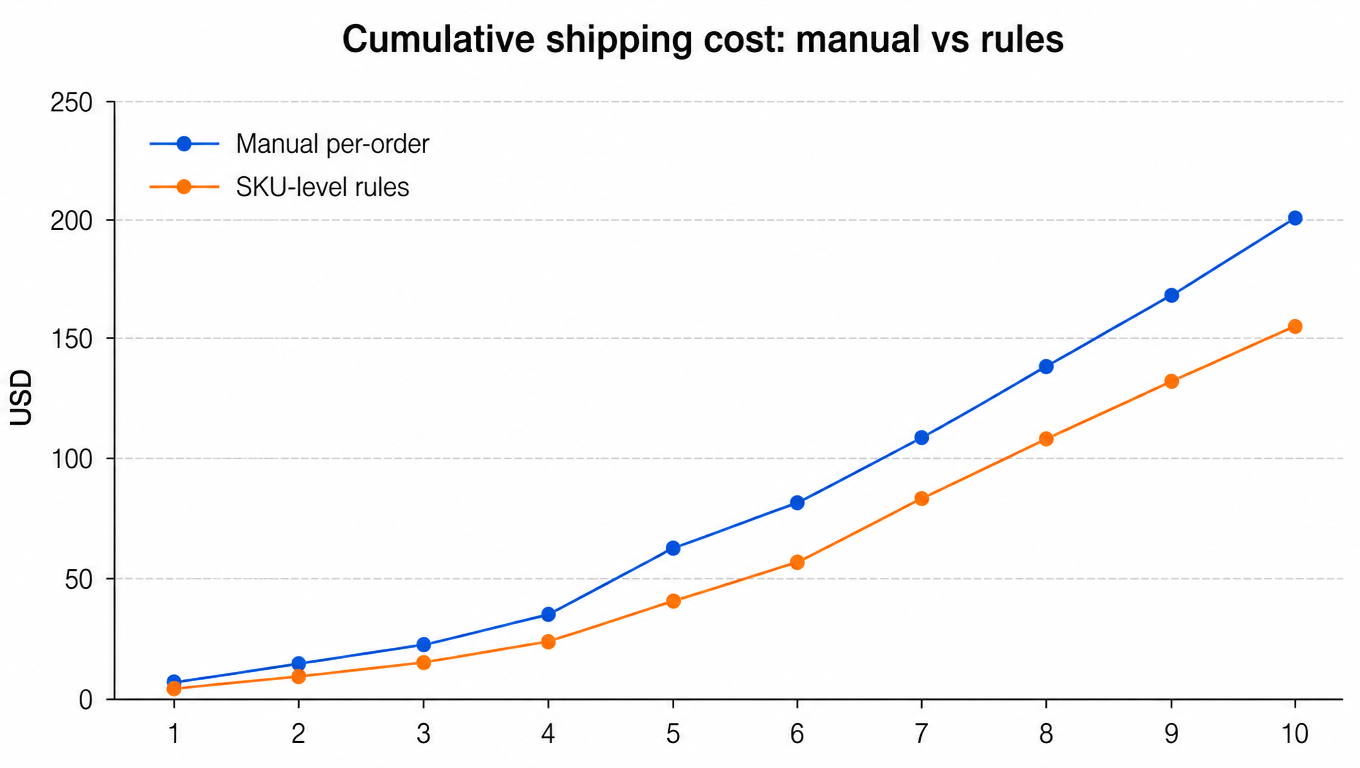 Line chart: cumulative shipping cost, manual per-order vs SKU-level rules across ten orders. Manual ends around $202.60, rules around $155.90 (example, USD)