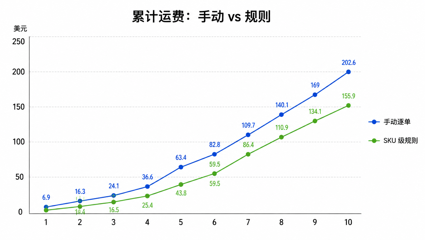 折线图：累计运费对比，两条线：手动逐单从 6.9 美元涨到约 202.6 美元，SKU 级规则从 4.8 美元涨到约 155.9 美元（示例，美元）