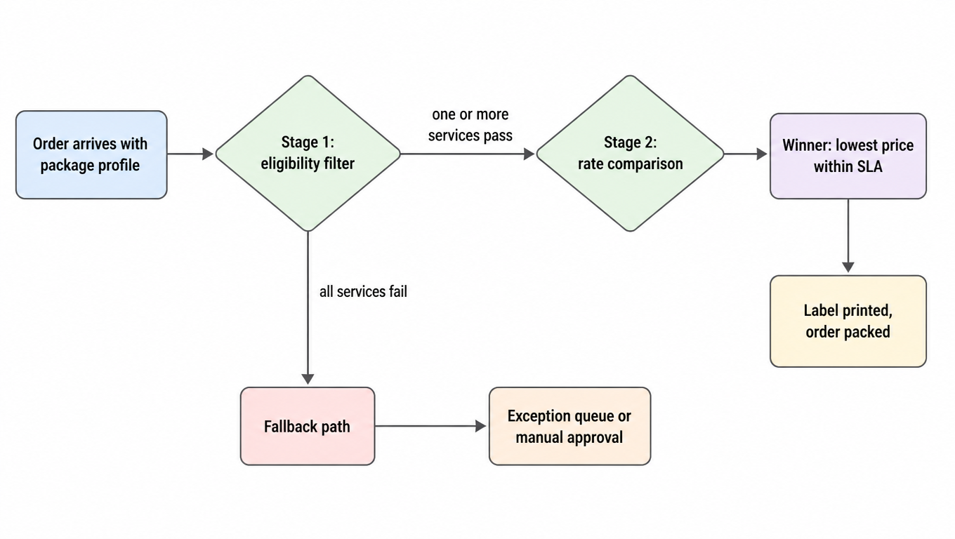 Flowchart: order arrives with package profile, to Stage 1 eligibility filter, to Stage 2 rate comparison when services pass, to winner (lowest price within SLA), to label printed and order packed; all services fail goes to fallback path, to exception queue or manual approval