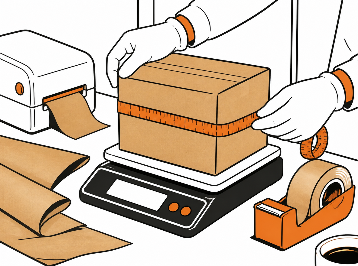 Gloved hands measure a box on a digital scale beside a label printer and packing materials.