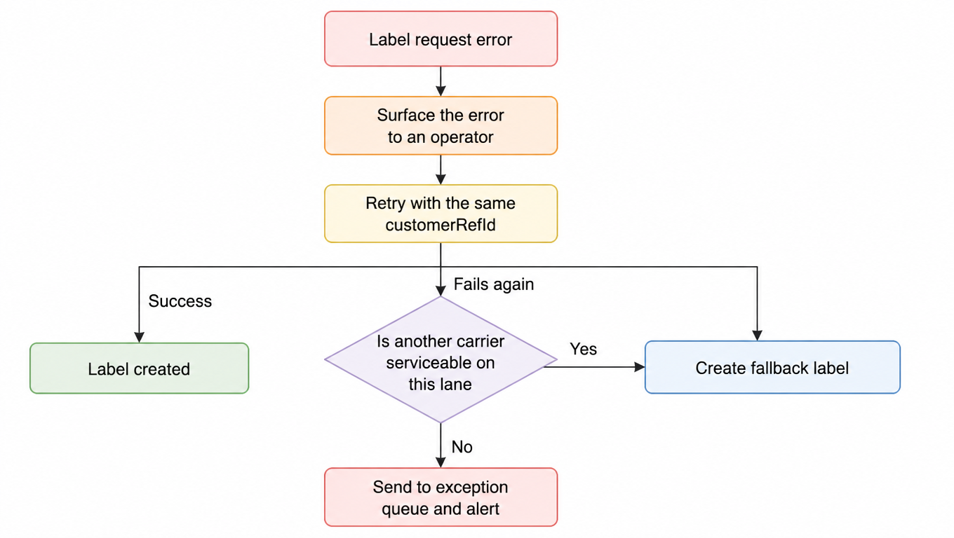 Flowchart: label request error, surface the error to an operator, retry with the same customerRefId; on success label created, on second failure check if another carrier is serviceable on this lane, yes create fallback label, no send to exception queue and alert