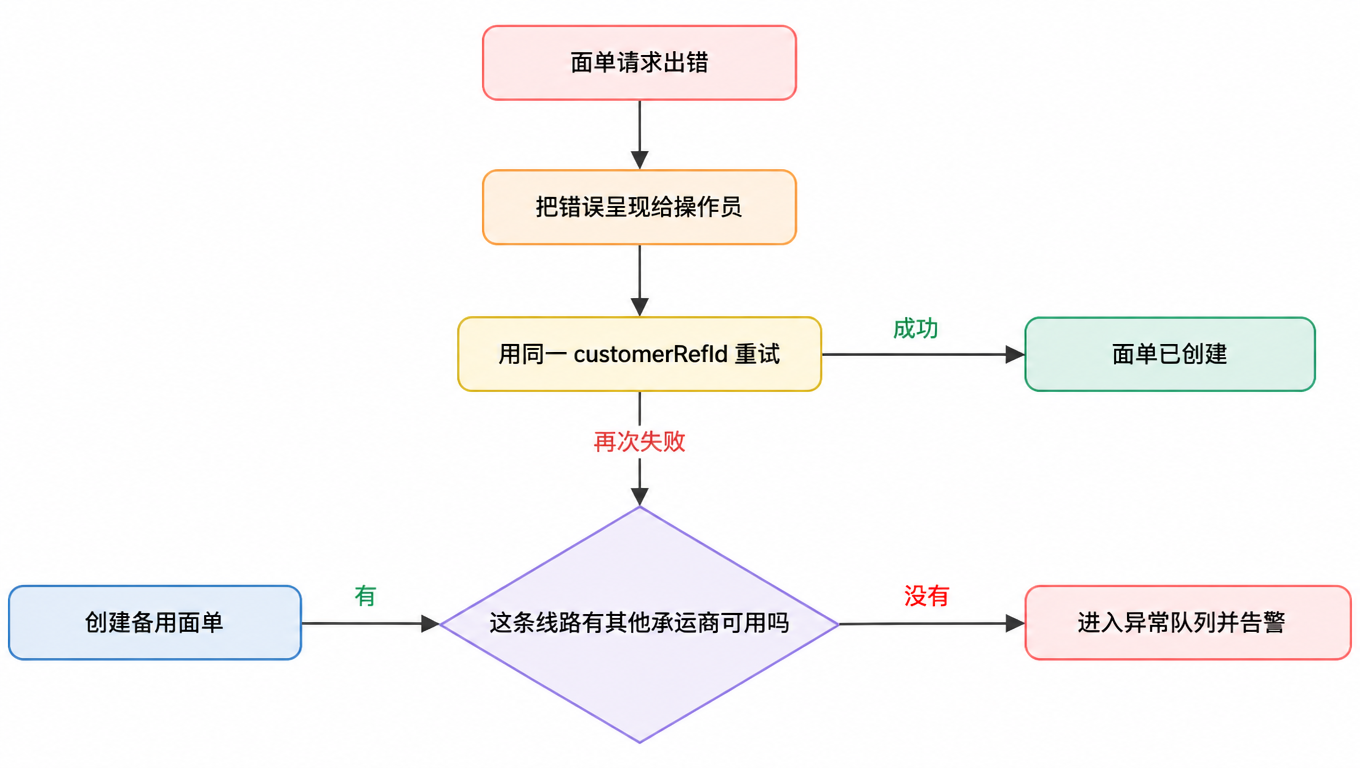 流程图：面单请求出错 → 把错误呈现给操作员 → 用同一 customerRefId 重试 → 成功则面单已创建；再次失败则判断这条线路是否有其他承运商可用，有则创建备用面单，没有则进入异常队列并告警