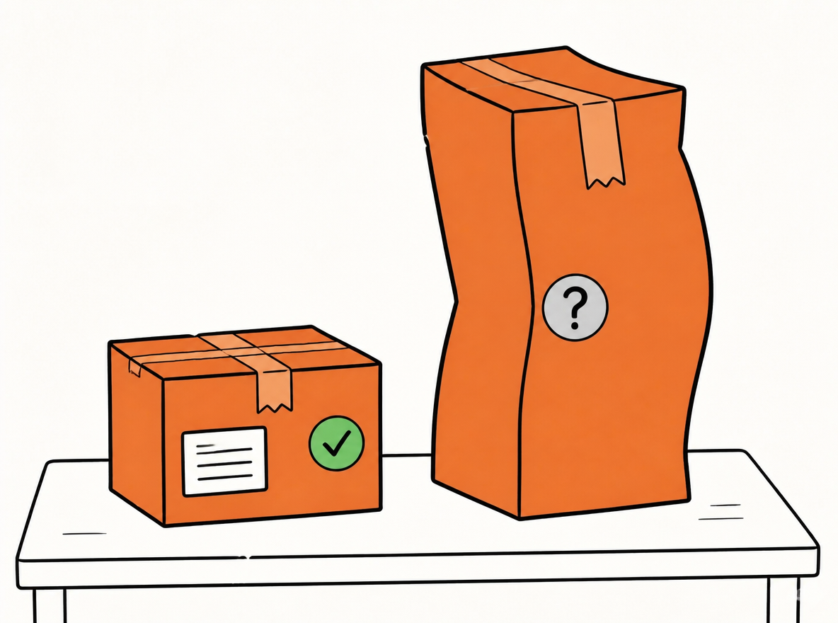 A compact labeled parcel with a green check contrasts with an oversized parcel bearing a question mark.