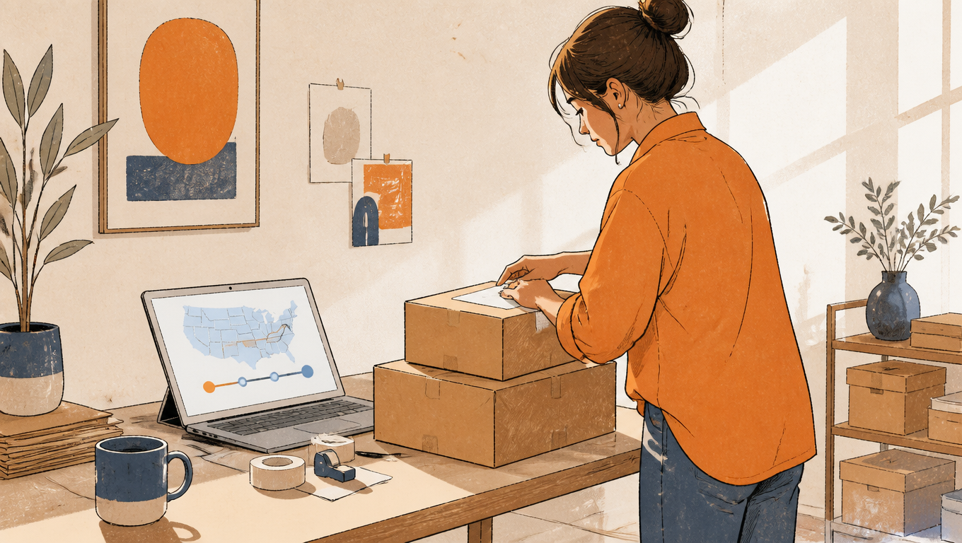 DTC seller applies a label at a packing bench beside a laptop showing parcel tracking progress.