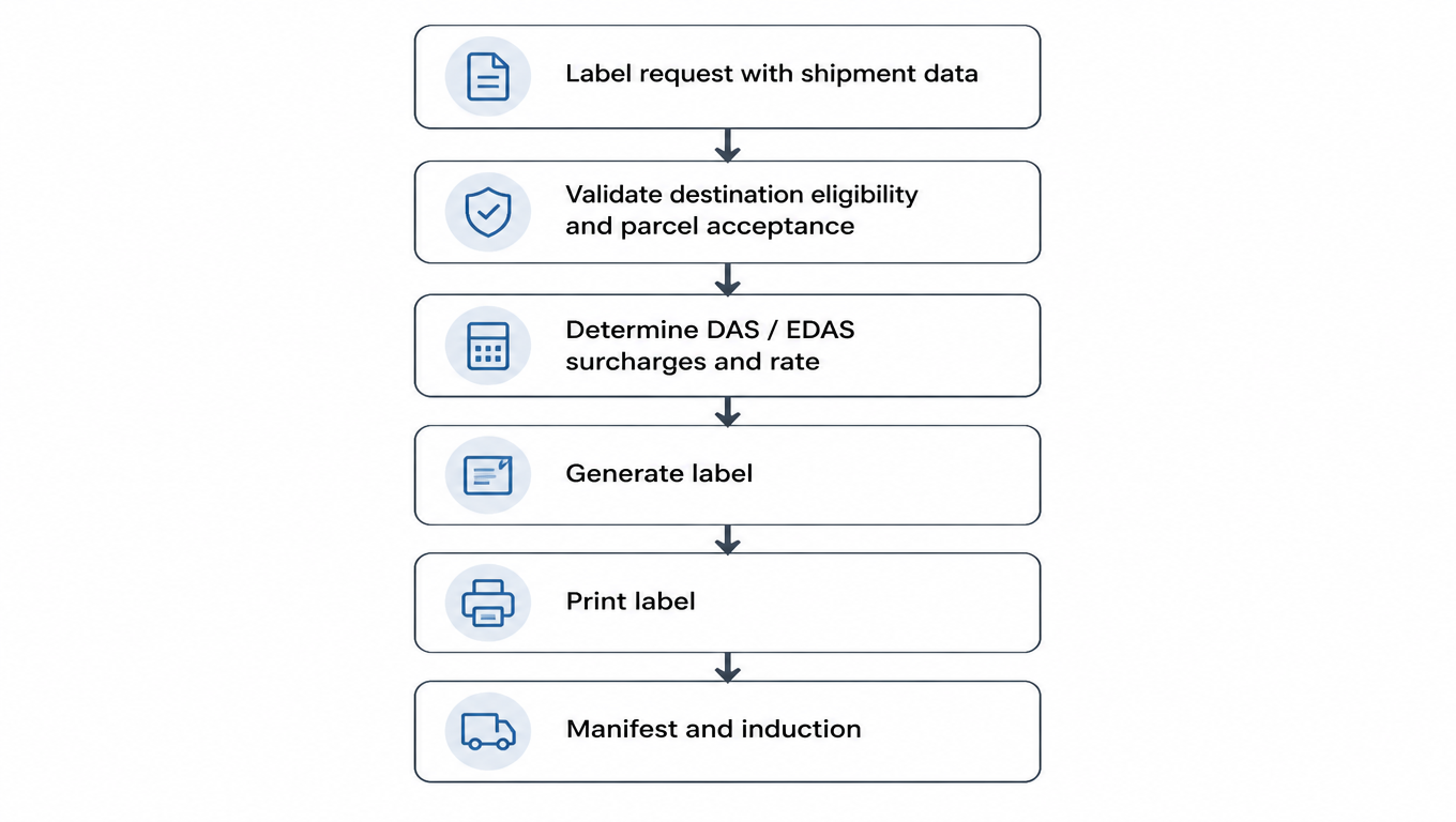 Flowchart: label request with shipment data, validate destination eligibility and parcel acceptance, determine DAS/EDAS surcharges and rate, generate label, print label, manifest and induction