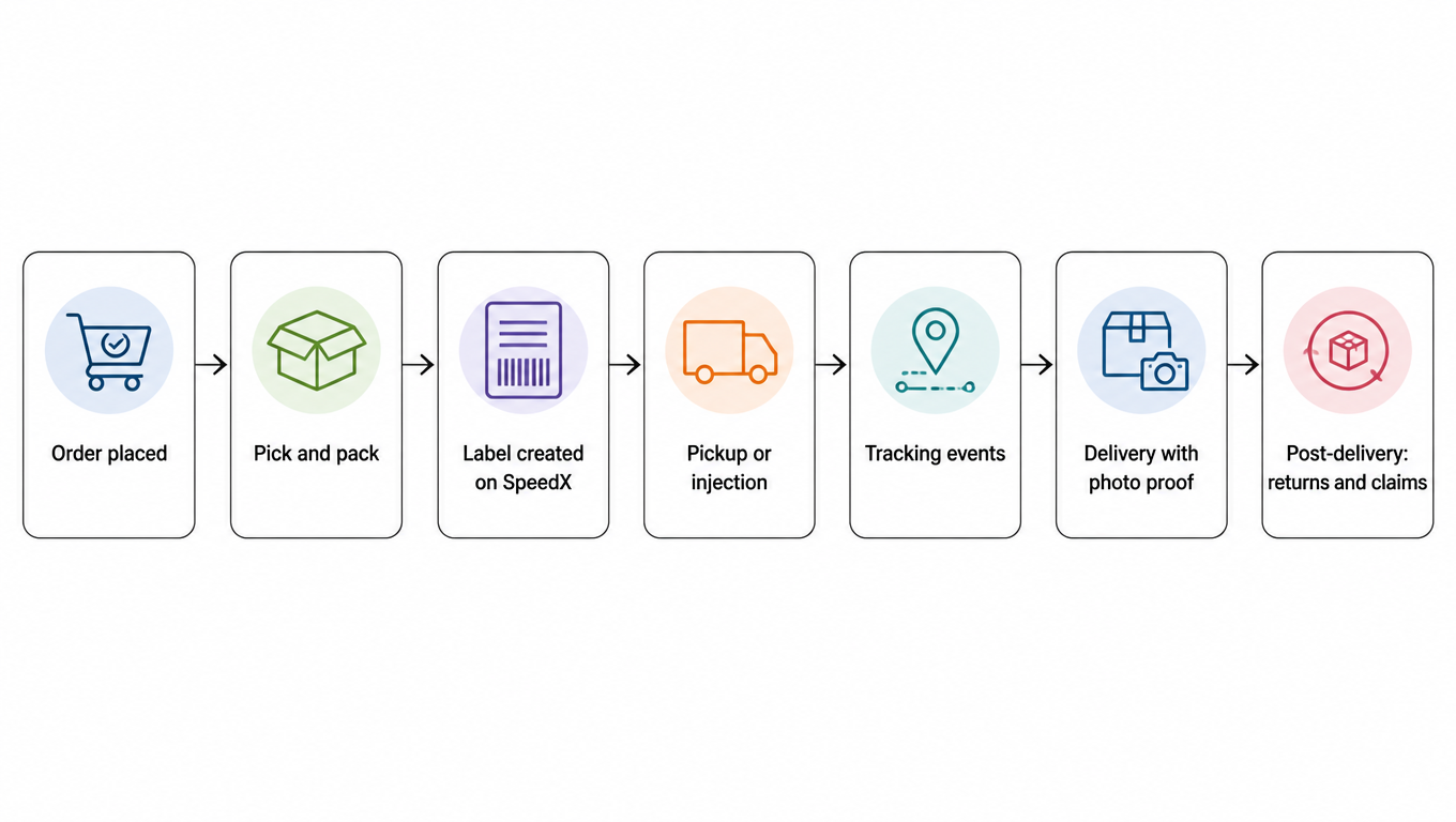 Flowchart: order placed, pick and pack, label created on SpeedX, pickup or injection, tracking events, delivery with photo proof, post-delivery returns and claims