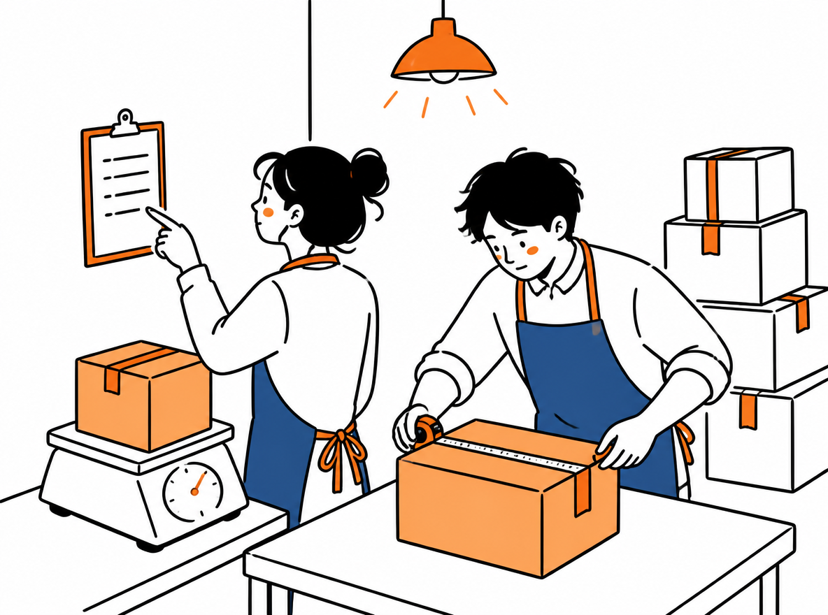 Two warehouse workers check parcels against a clipboard, using a scale and tape measure.