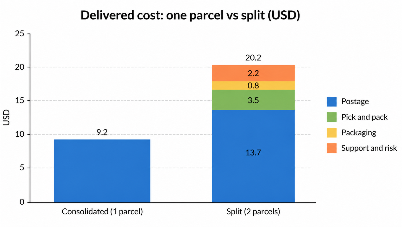 Stacked bar chart: consolidated one-parcel delivered cost $9.20 (postage only) versus split two-parcel cost $20.20 (postage $13.70, pick and pack $3.50, packaging $0.80, support and risk $2.20), an incremental $11.00