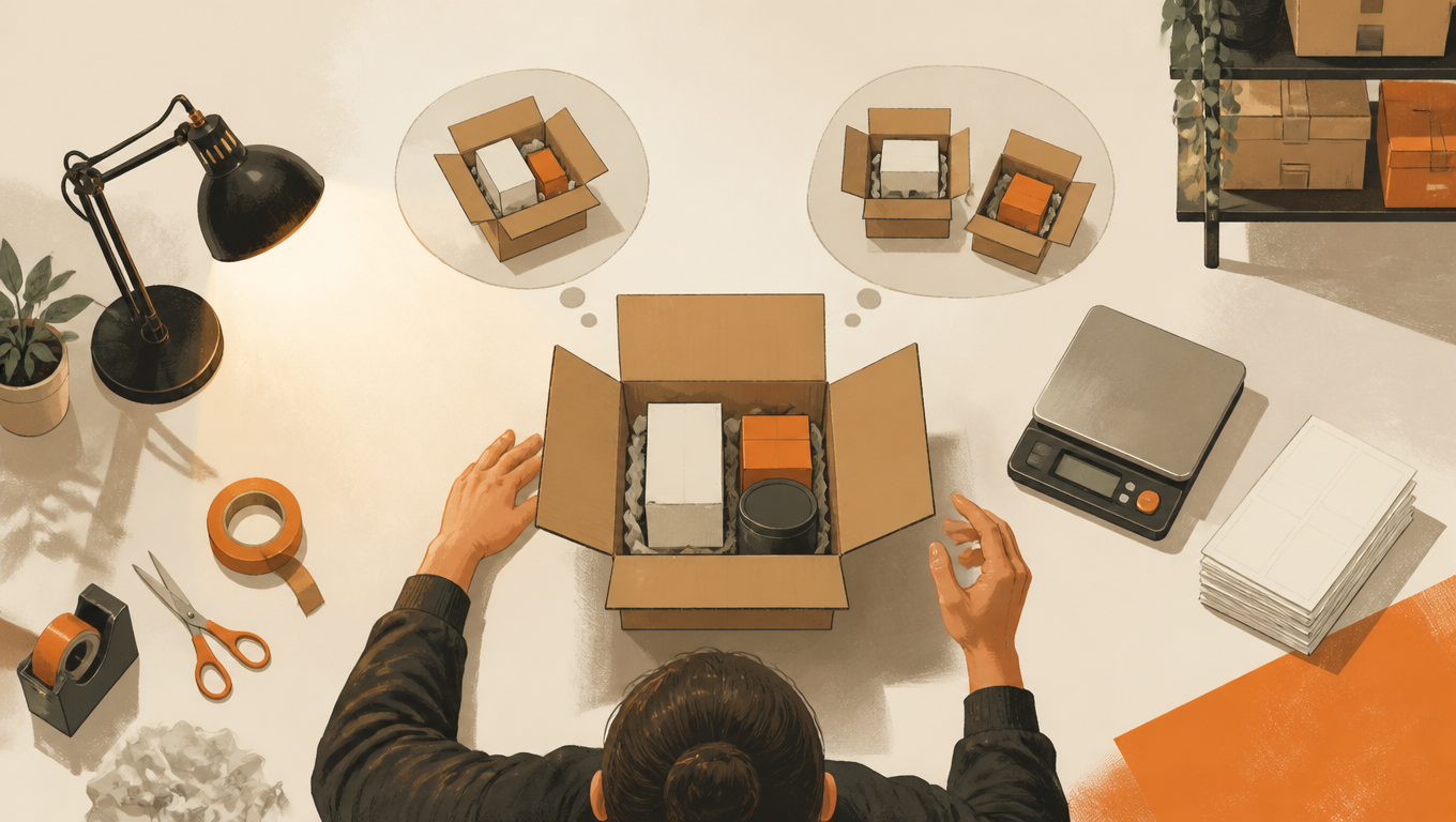 Hands consider splitting items from one open shipping box into two parcels at a packing bench.