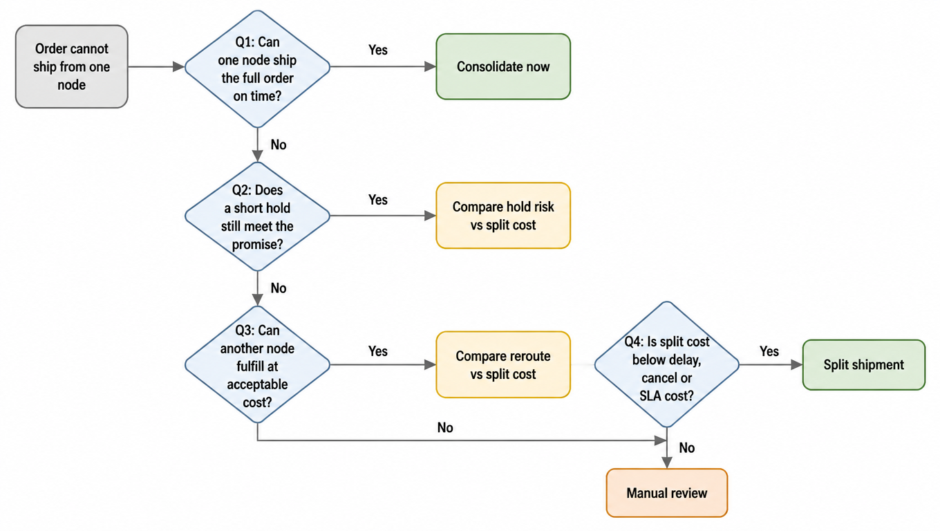 Decision tree flowchart: order cannot ship from one node; four questions in order: can one node ship on time, does a short hold still meet the promise, can another node fulfill at acceptable cost, is split cost below delay cancel or SLA cost; outcomes are consolidate now, compare hold risk, compare reroute cost, split shipment, or manual review