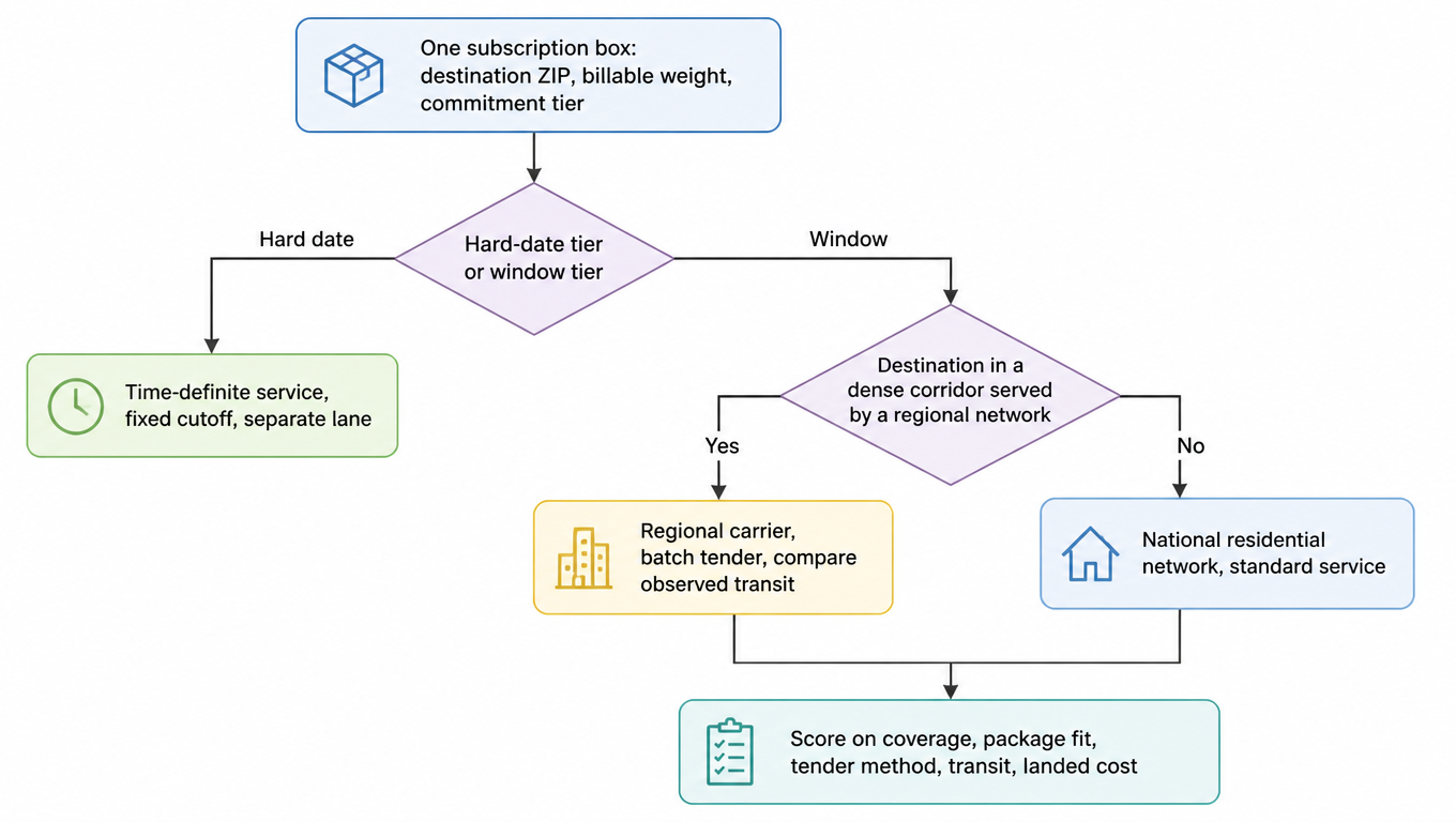 Decision flowchart: one subscription box split by destination ZIP, billable weight and commitment tier, with a time-definite service for the hard-date tier and a regional or national network choice for the window tier