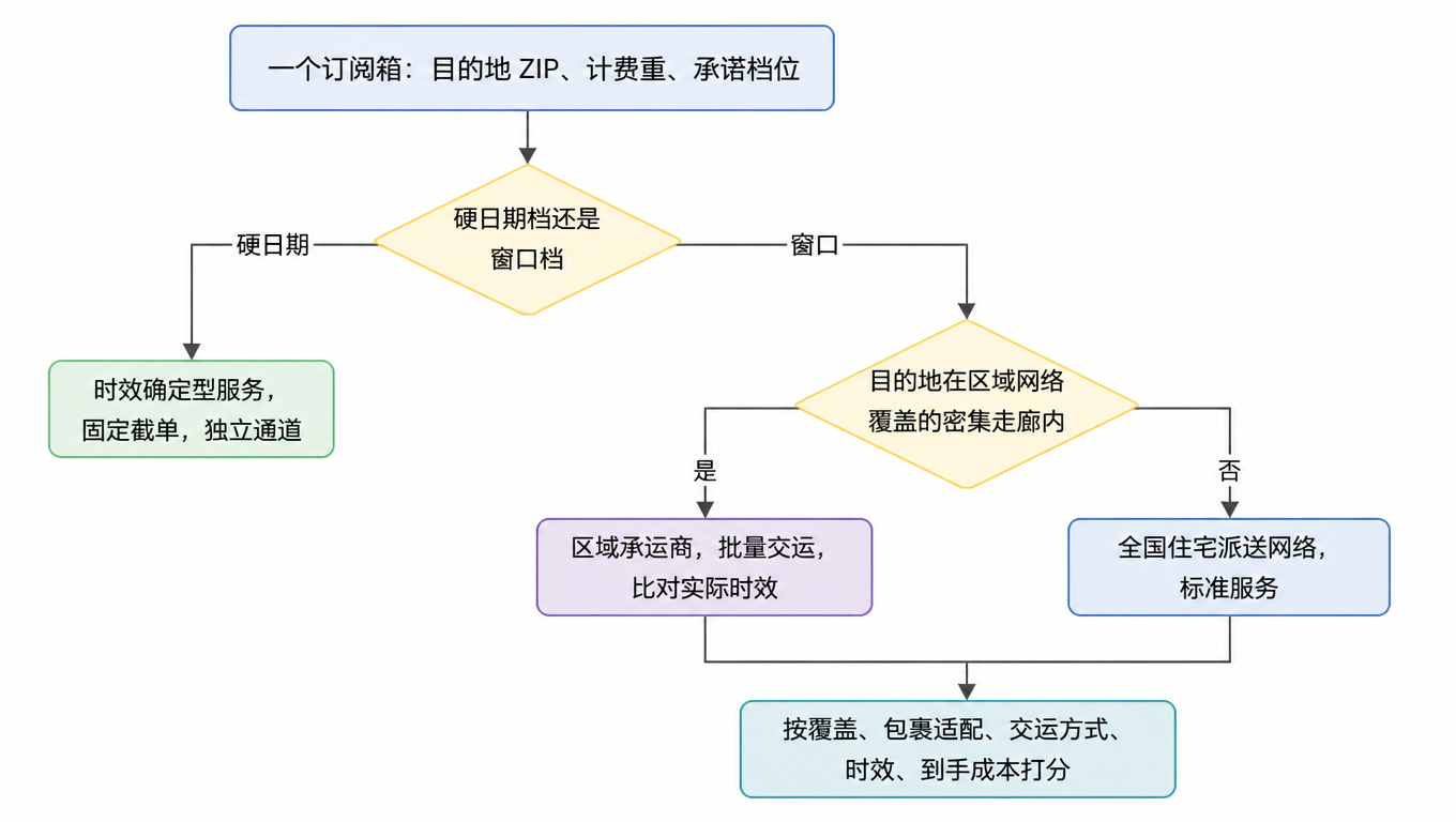 判定流程图:一个订阅箱按目的地 ZIP、计费重与承诺档位分流,硬日期档走固定截单的时效确定型服务,窗口档按目的地是否在区域网络覆盖的密集走廊内选择区域承运商或全国住宅网络