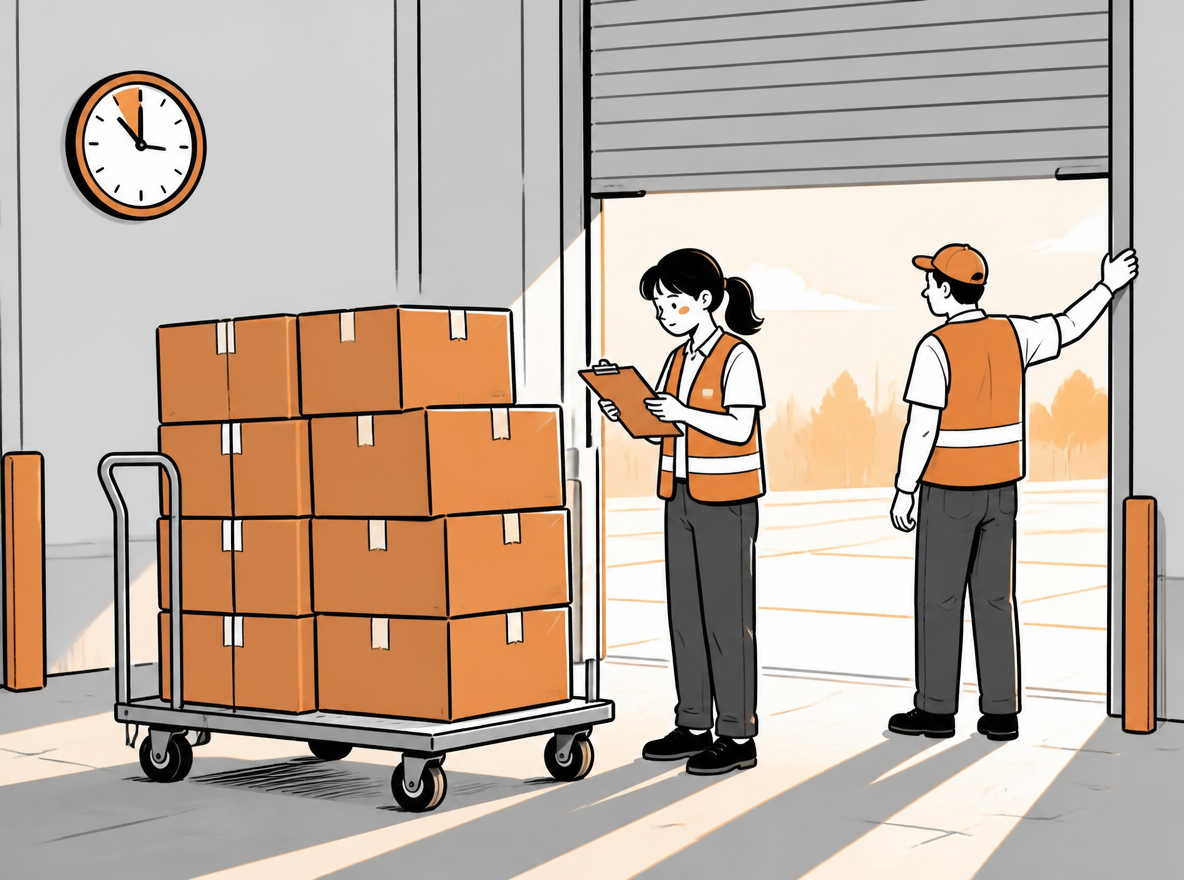 Hand-drawn editorial illustration of a fulfillment dock in the late afternoon, with a cart of identical kraft boxes beside a roll-up door, a wall clock ten minutes to the hour, and a worker checking the cart against a list.