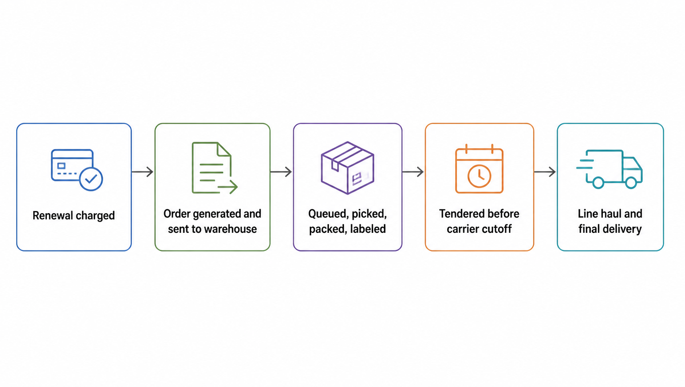 Flowchart: renewal charged, order generated and sent to the warehouse, queued and picked and packed and labeled, tendered before carrier cutoff, line haul and final delivery