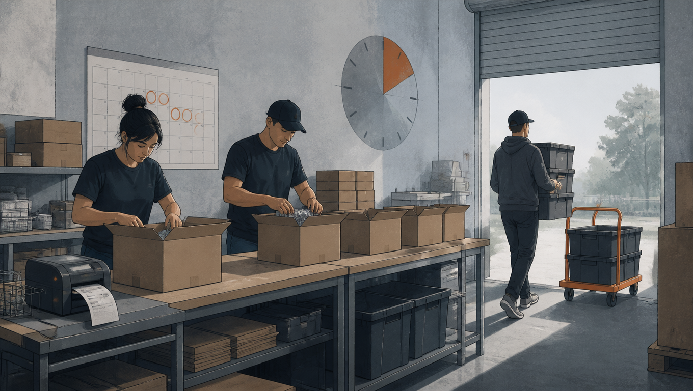 Editorial illustration of a fulfillment room on a release day, with two workers filling identical kraft boxes at a packing bench, a wall calendar with circled dates, and a label printer.