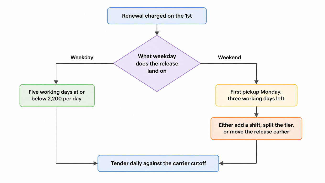 Decision flowchart: renewal charged on the 1st, a weekday release gives five working days at or below 2200 a day, a weekend release leaves only three working days and requires an extra shift, a split tier, or an earlier release