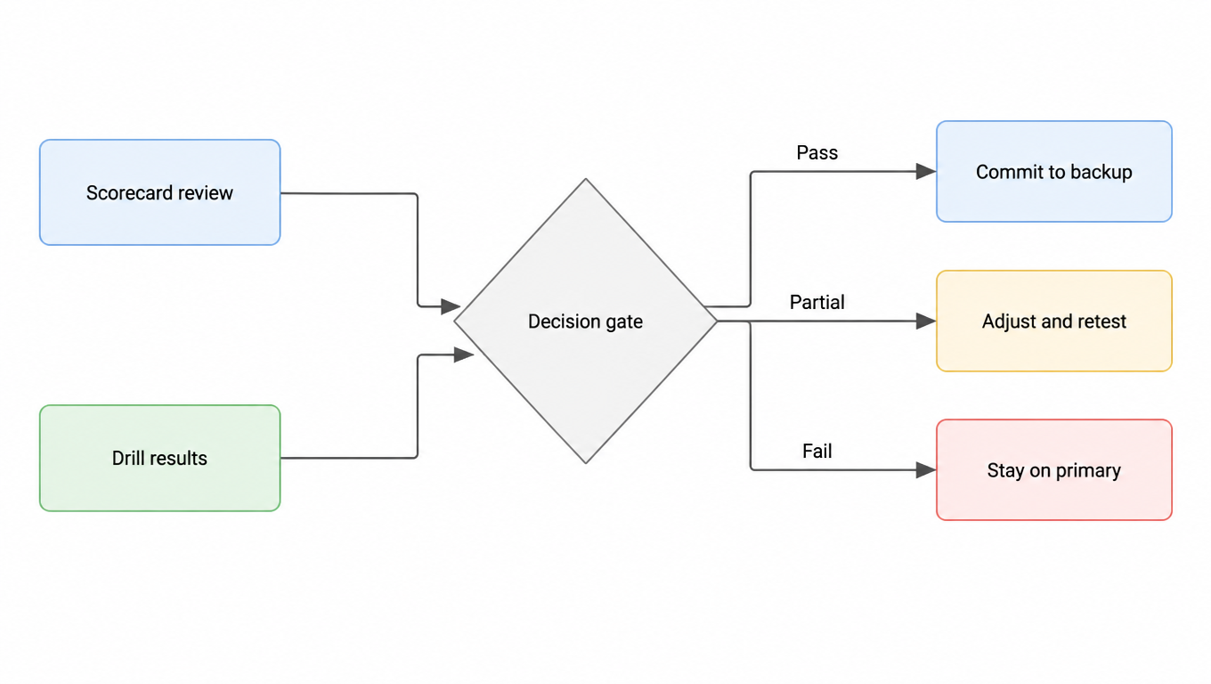 Flowchart: scorecard review and drill results feed the decision gate; pass → commit to backup; partial → adjust and retest; fail → stay on primary