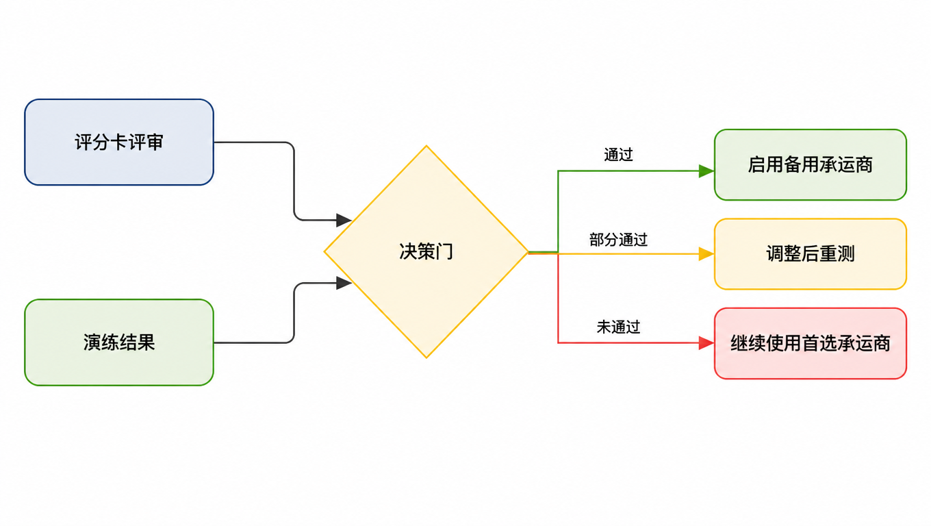流程图:评分卡评审和演练结果共同进入决策门,通过→启用备用承运商;部分通过→调整后重测;未通过→继续使用首选承运商
