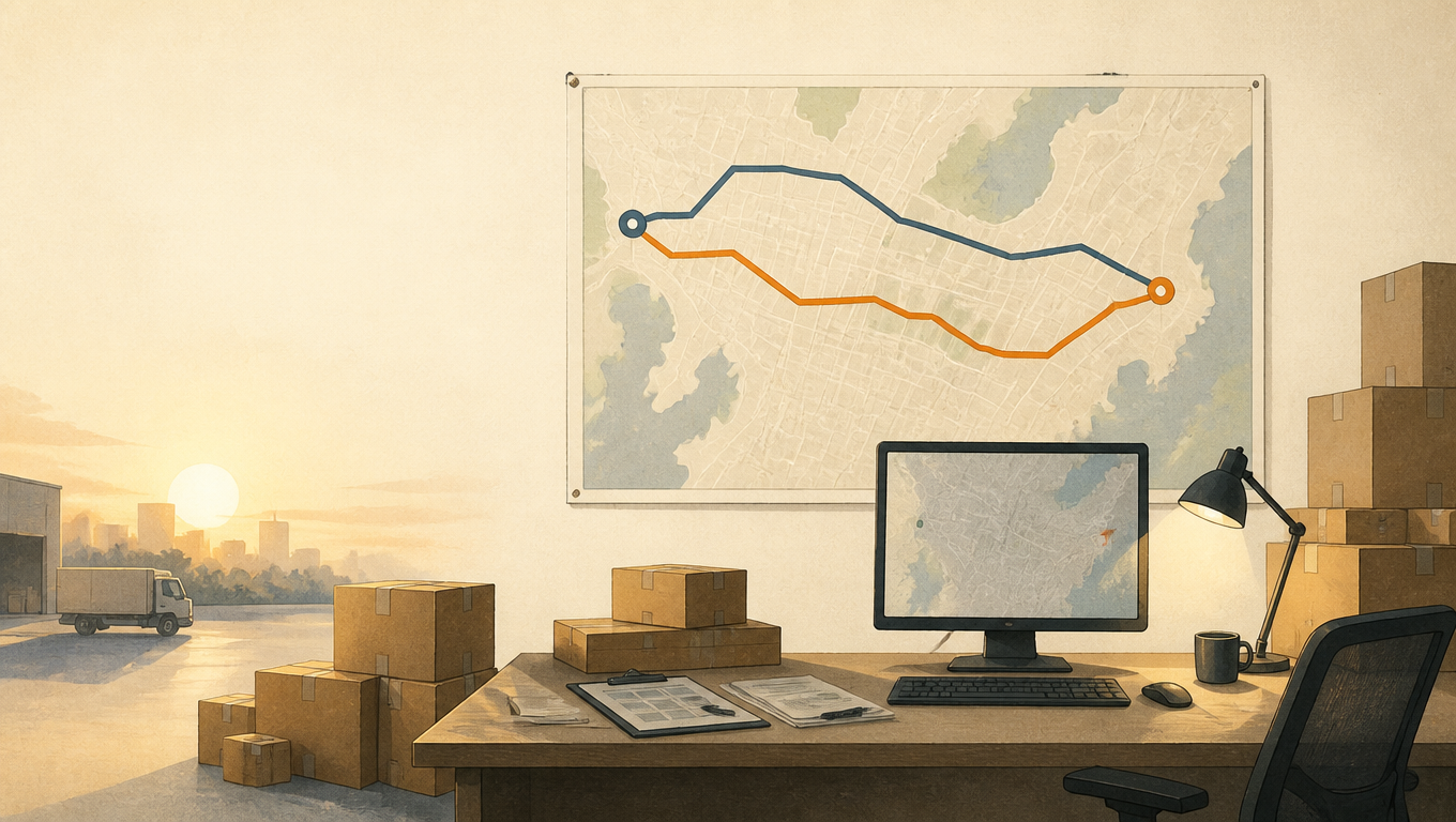 Dispatch desk with parcels and two delivery routes on a map, highlighting the backup route in orange.