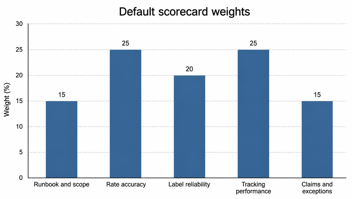 Bar chart: default scorecard weights, runbook and scope 15%, rate accuracy 25%, label reliability 20%, tracking performance 25%, claims and exceptions 15%