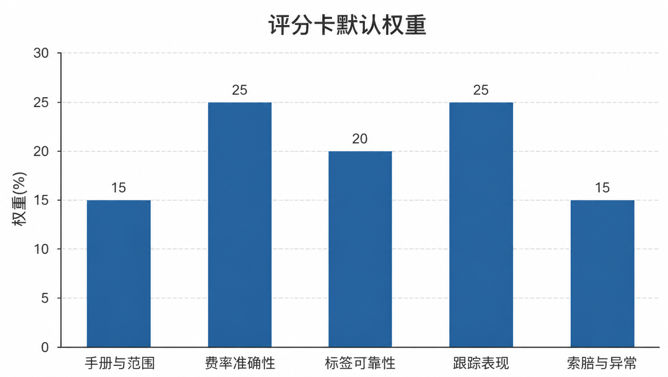 柱状图:评分卡默认权重,手册与范围 15%、费率准确性 25%、标签可靠性 20%、跟踪表现 25%、索赔与异常 15%