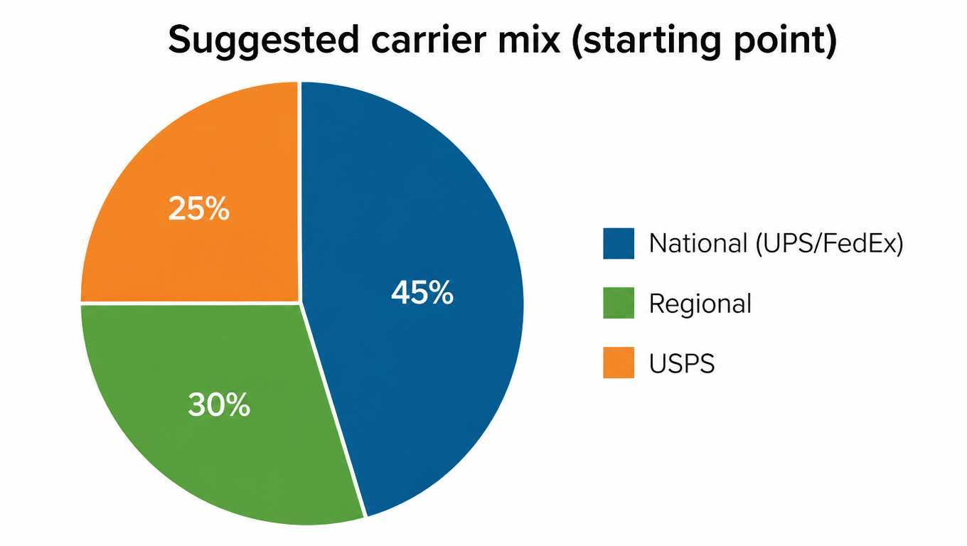 Pie chart of a suggested carrier mix: national 45%, regional 30%, USPS 25%