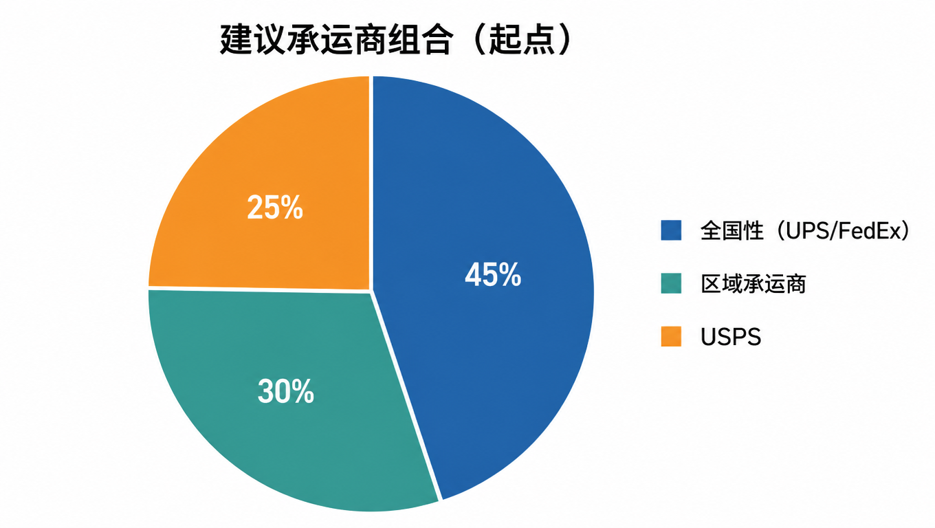 建议承运商组合饼图:全国性 45%,区域承运商 30%,USPS 25%
