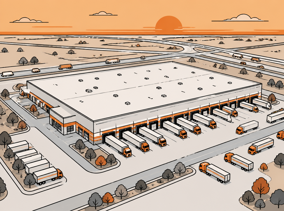 Aerial view of a large Texas fulfillment center at dusk, rows of loading docks and delivery trucks lined up, highway corridors stretching to the horizon