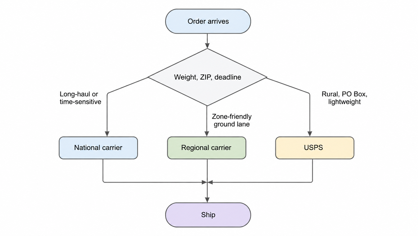 Flowchart of routing decisions: order arrives, splits by weight, ZIP, and deadline to a national carrier, regional carrier, or USPS, then ships