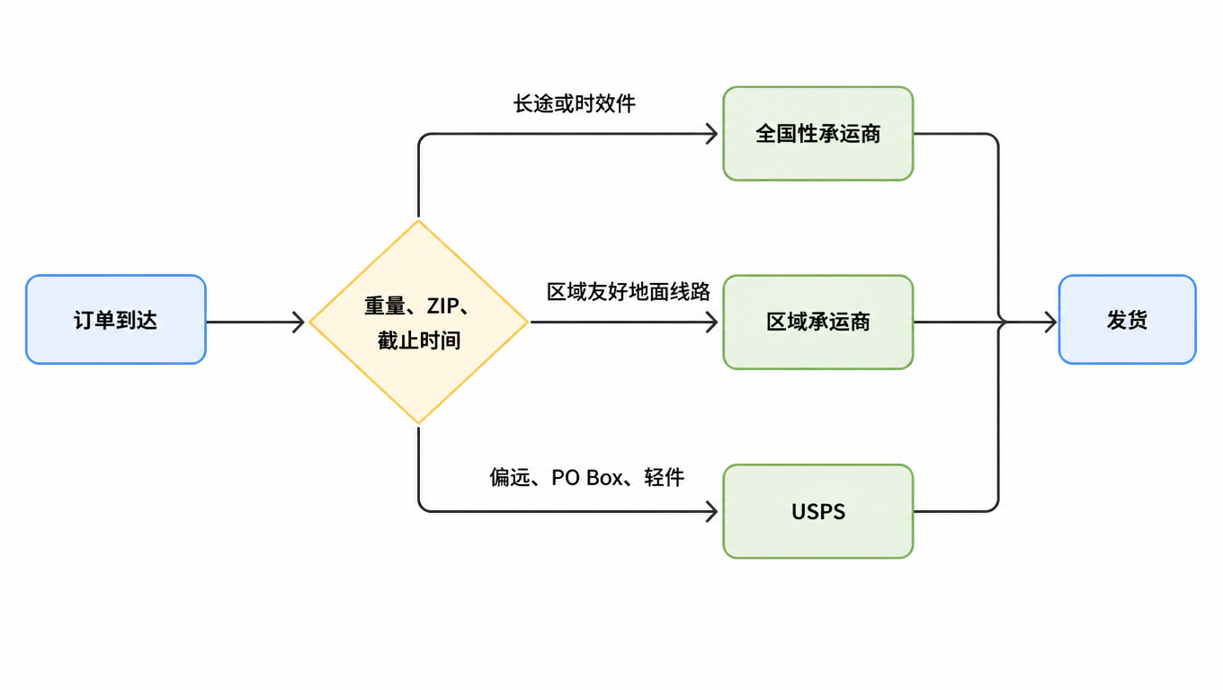 路由决策流程图:订单到达,按重量、ZIP 和截止时间分流到全国性承运商、区域承运商或 USPS,然后发货