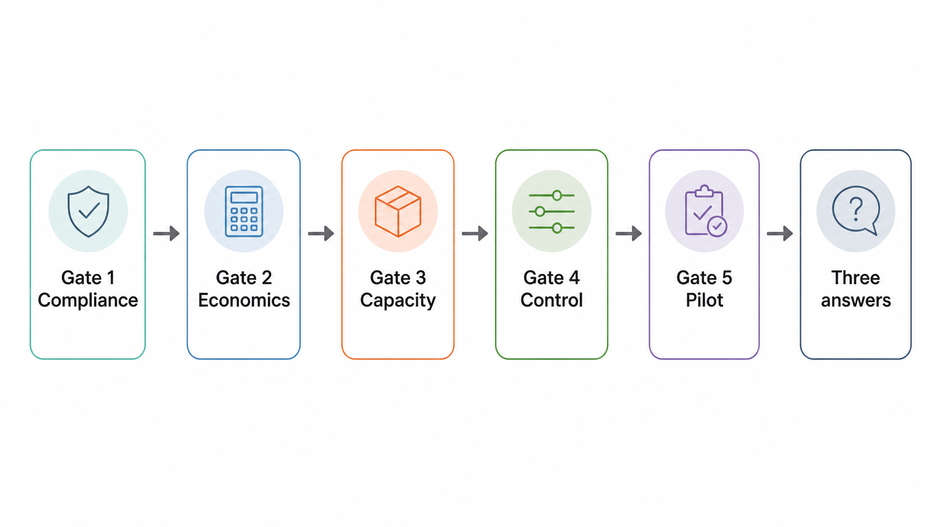 Flowchart: Gate 1 Compliance → Gate 2 Economics → Gate 3 Capacity → Gate 4 Control → Gate 5 Pilot → Three answers