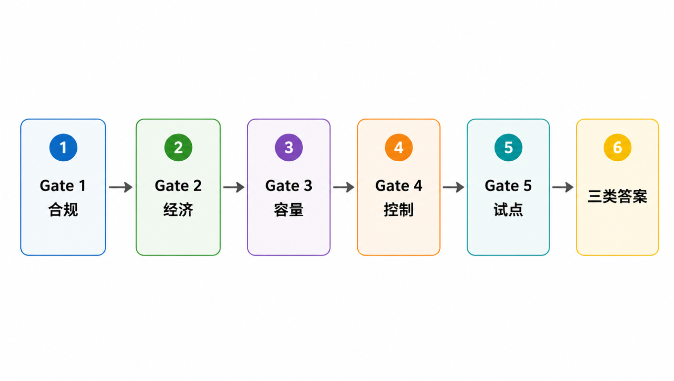 流程图：Gate 1 合规 → Gate 2 经济 → Gate 3 容量 → Gate 4 控制 → Gate 5 试点 → 三类答案