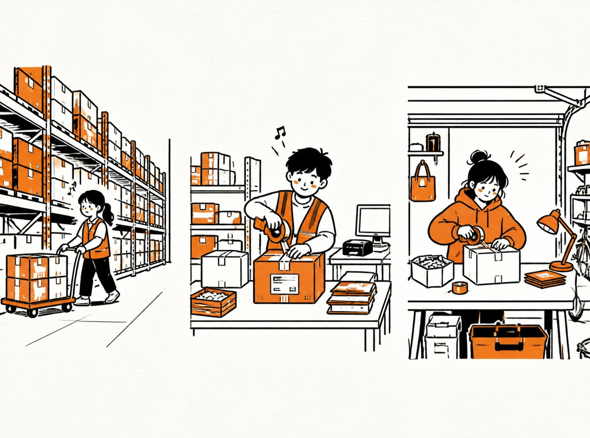 Three fulfillment scenes: Amazon shelves, a third-party warehouse packing station and a seller's garage.