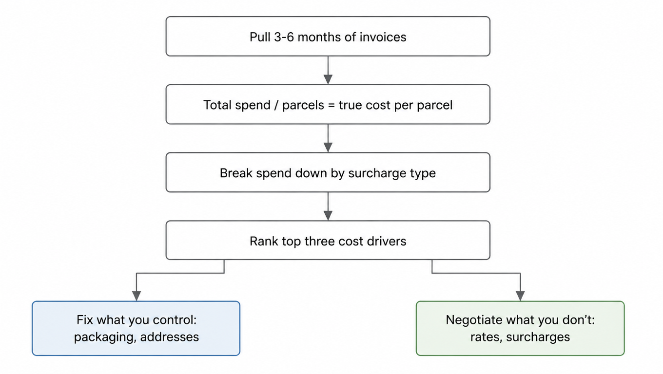 Audit flow: pull 3-6 months of invoices, total spend divided by parcels equals true cost per parcel, break down by surcharge type, rank top three drivers, fix what you control (packaging, addresses) and negotiate what you don't (rates, surcharges)