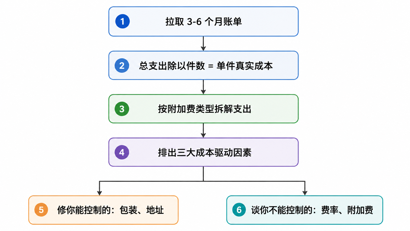 审计流程图:拉取 3-6 个月账单,总支出除以件数得到单件真实成本,按附加费类型拆解,排出三大成本驱动因素,分头解决能控制的(包装、地址)和要谈判的(费率、附加费)
