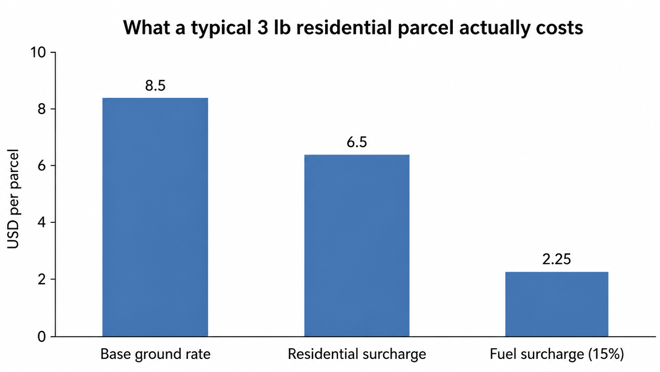 Bar chart: what a typical 3 lb residential parcel costs, base ground rate 8.5, residential surcharge 6.5, fuel surcharge 2.25, total 17.25