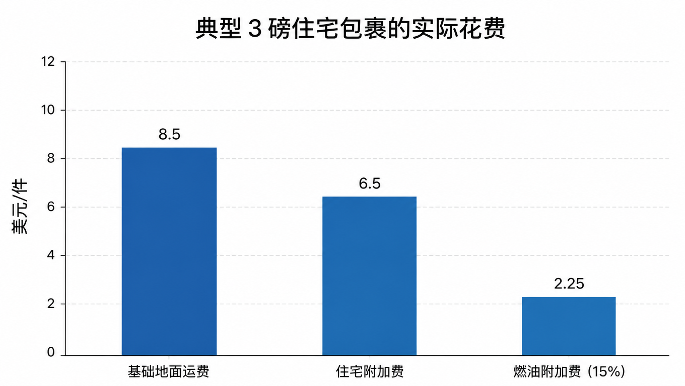 柱状图:典型 3 磅住宅包裹的成本构成,基础地面运费 8.5 美元、住宅附加费 6.5 美元、燃油附加费 2.25 美元,合计 17.25 美元