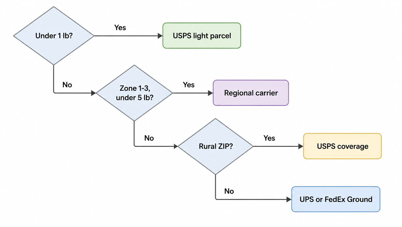 Routing decision tree: under 1 lb to USPS light parcel, zone 1-3 under 5 lb to regional carrier, rural ZIP to USPS coverage, otherwise UPS or FedEx Ground